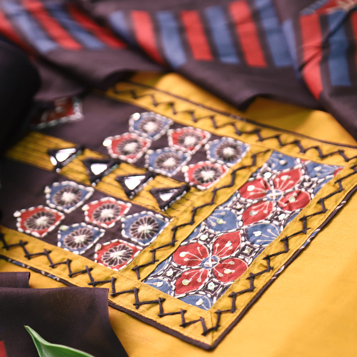 Bhumi Canary Yellow Kutch Yoke with Mirror Work Glazed Cotton Set