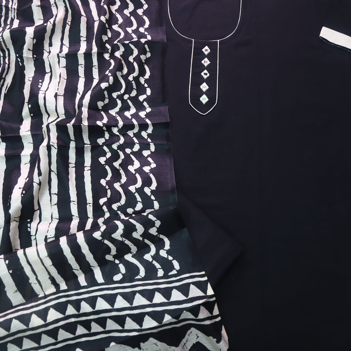 Aayat Raven Black with Mirror Neck Work Cotton Slub Suit Set