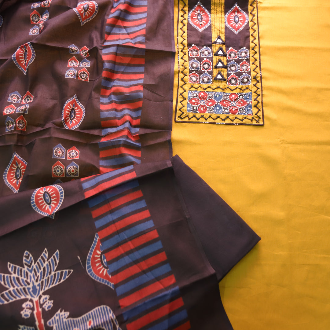 Bhumi Canary Yellow Kutch Yoke with Mirror Work Glazed Cotton Set