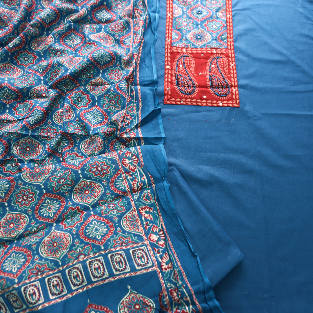 Adina Cerulean Blue Ajrak Yoke with Mirror Cotton Set