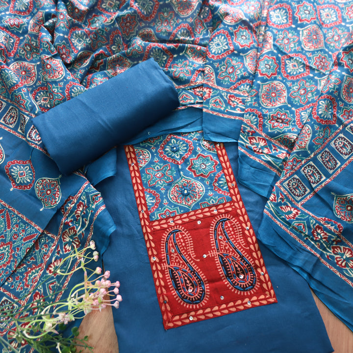 Adina Cerulean Blue Ajrak Yoke with Mirror Cotton Set