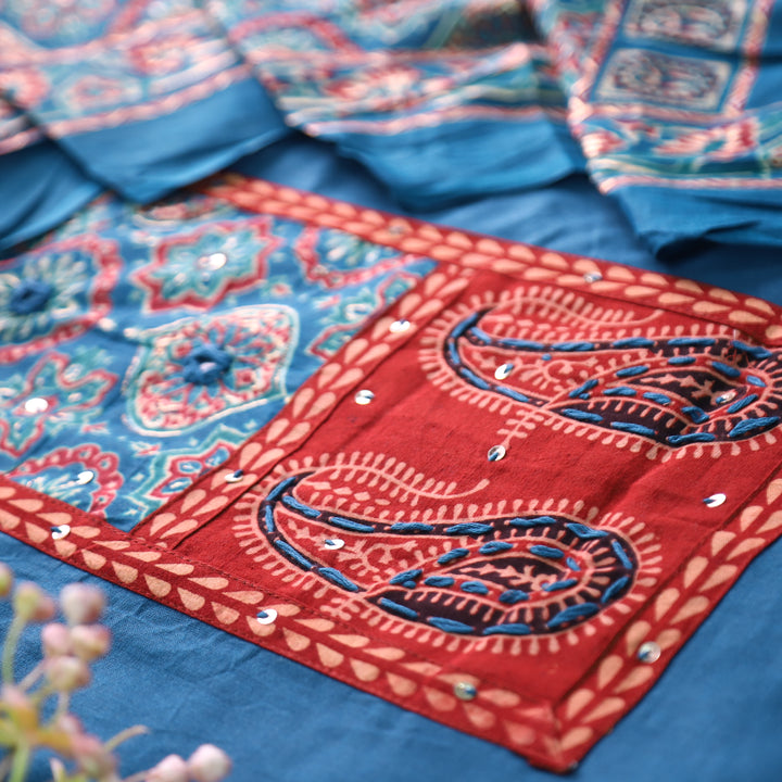 Adina Cerulean Blue Ajrak Yoke with Mirror Cotton Set