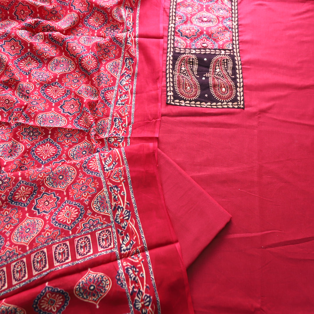 Adina Cranberry Pink Ajrak Yoke with Mirror Cotton Set