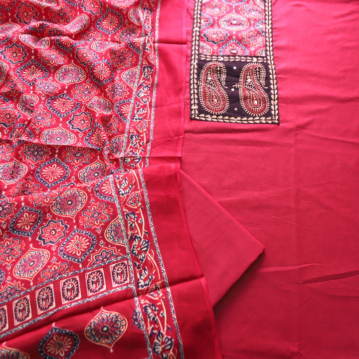 Adina Cranberry Pink Ajrak Yoke with Mirror Cotton Set