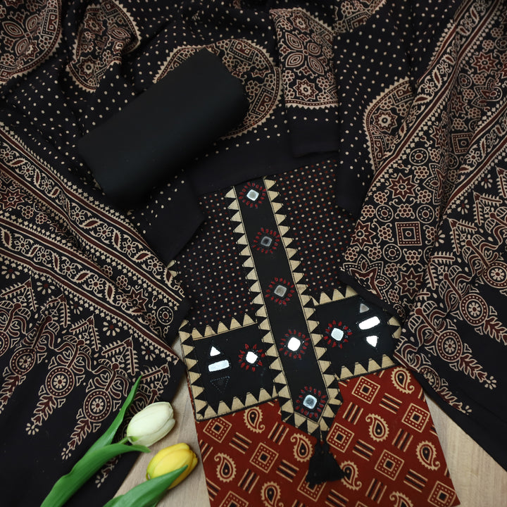 Manchali Maroon Red with Black Kutch Patch and Mirror in Print Cotton Suit Set