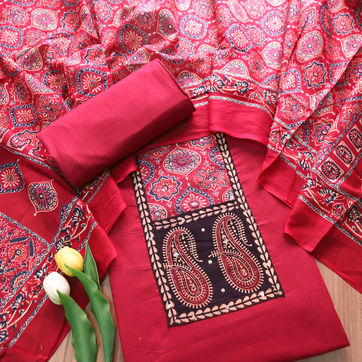 Adina Cranberry Pink Ajrak Yoke with Mirror Cotton Set