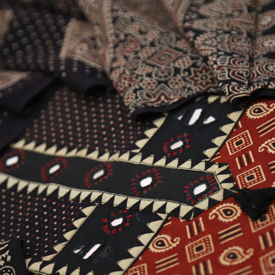 Manchali Maroon Red with Black Kutch Patch and Mirror in Print Cotton Suit Set