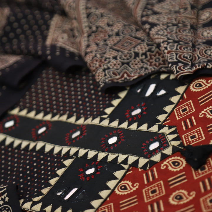 Manchali Maroon Red with Black Kutch Patch and Mirror in Print Cotton Suit Set