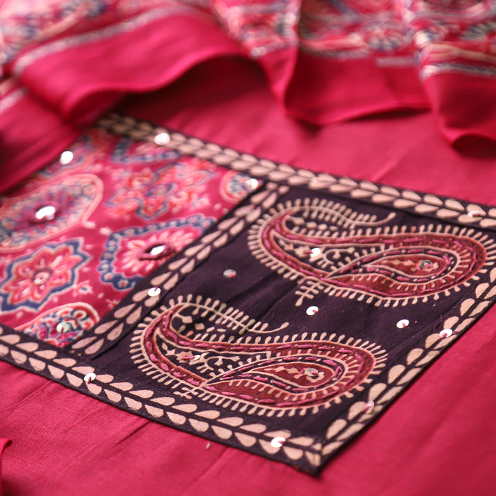 Adina Cranberry Pink Ajrak Yoke with Mirror Cotton Set