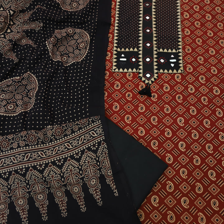 Manchali Maroon Red with Black Kutch Patch and Mirror in Print Cotton Suit Set