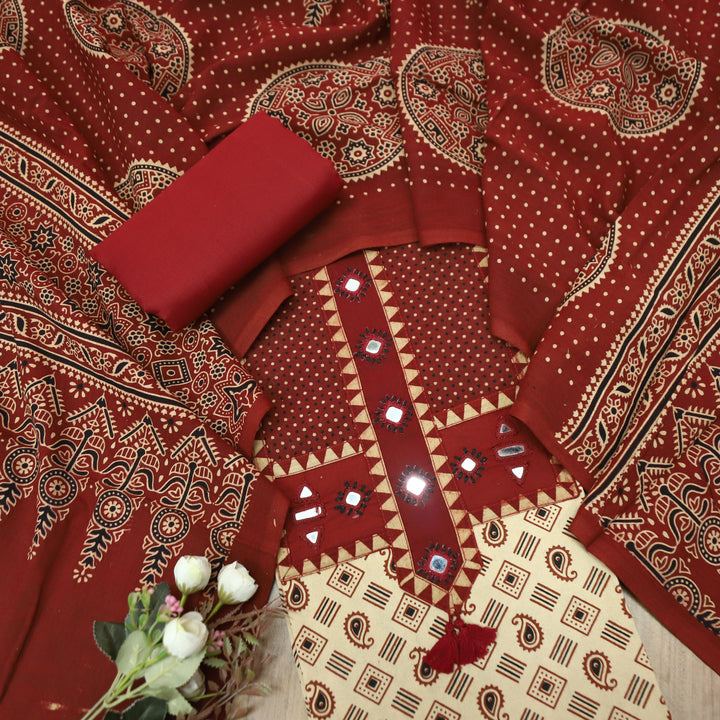 Manchali Ivory Beige with Red Kutch Patch and Mirror in Print Cotton Suit Set