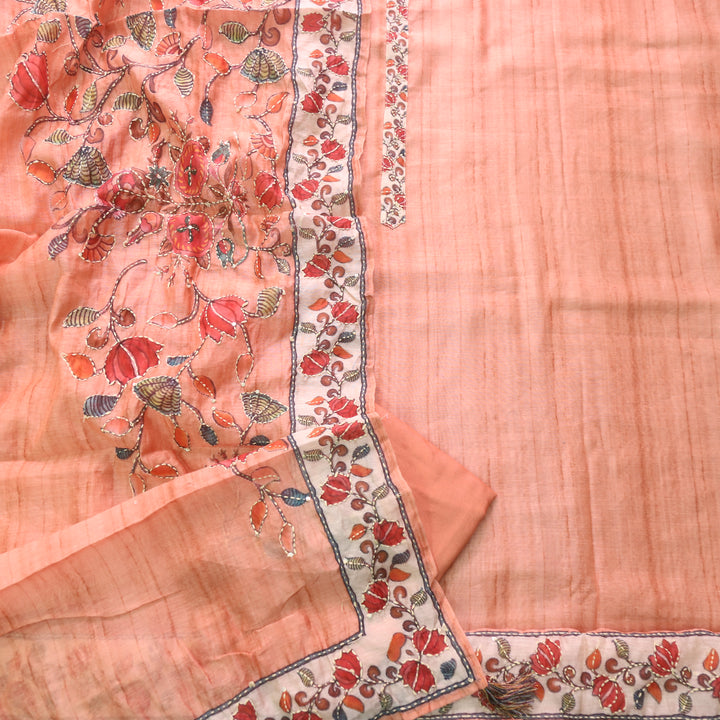 Rukmani Ligth Peach Kantha Embroidery Chanderi Suit Set