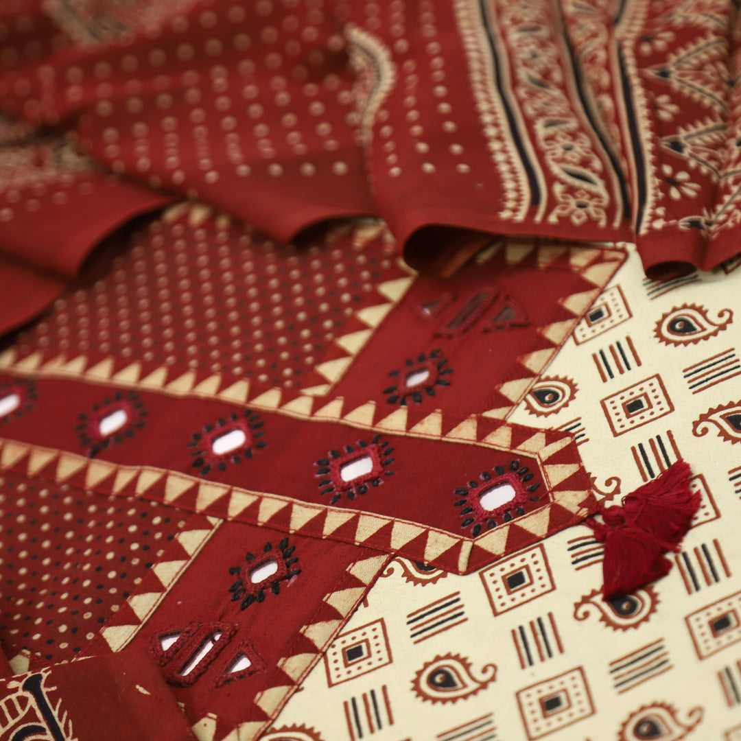 Manchali Ivory Beige with Red Kutch Patch and Mirror in Print Cotton Suit Set