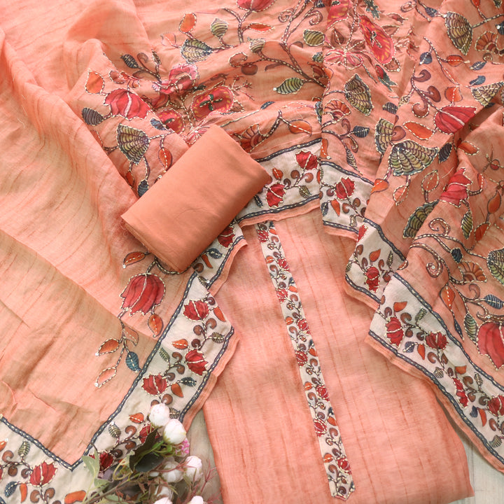 Rukmani Ligth Peach Kantha Embroidery Chanderi Suit Set