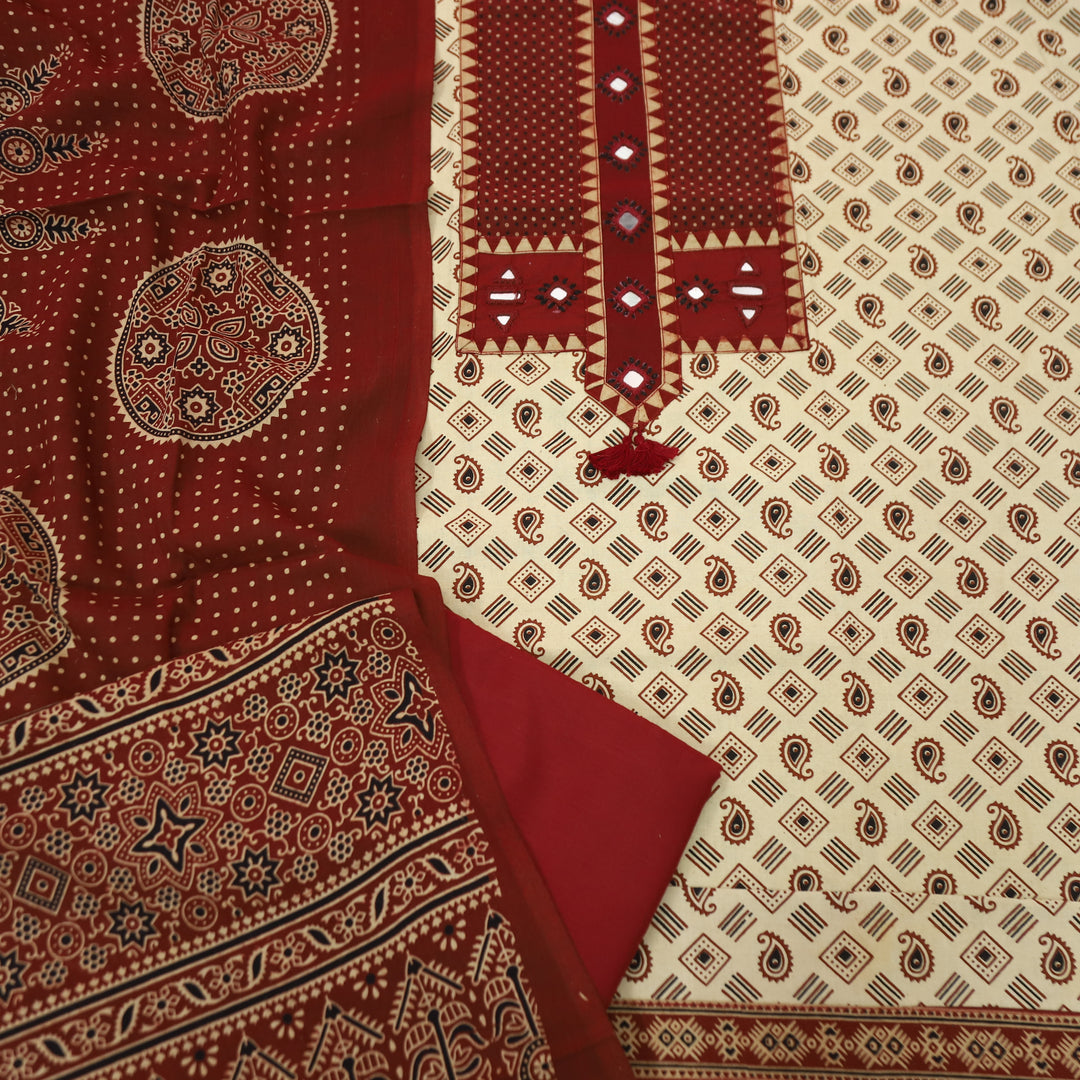 Manchali Ivory Beige with Red Kutch Patch and Mirror in Print Cotton Suit Set