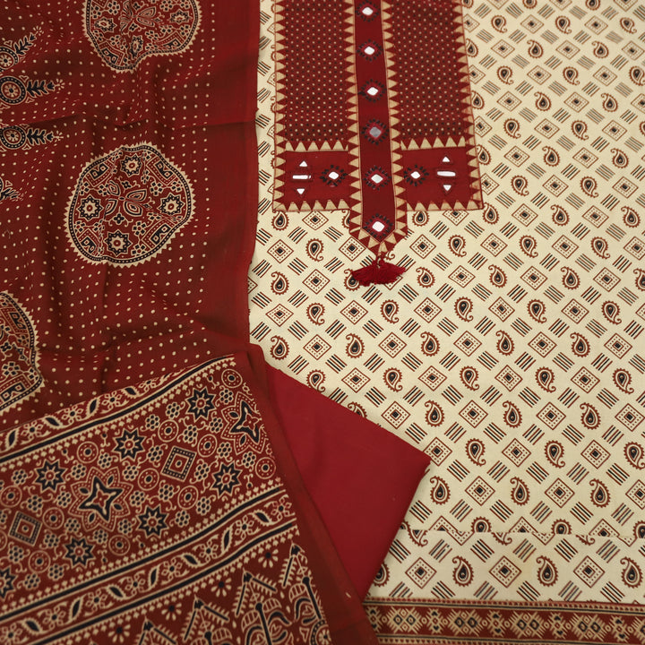Manchali Ivory Beige with Red Kutch Patch and Mirror in Print Cotton Suit Set