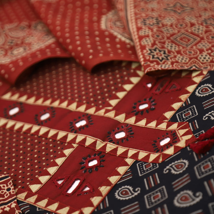 Manchali Ebony Black with Red Kutch Patch and Mirror in Print Cotton Suit Set