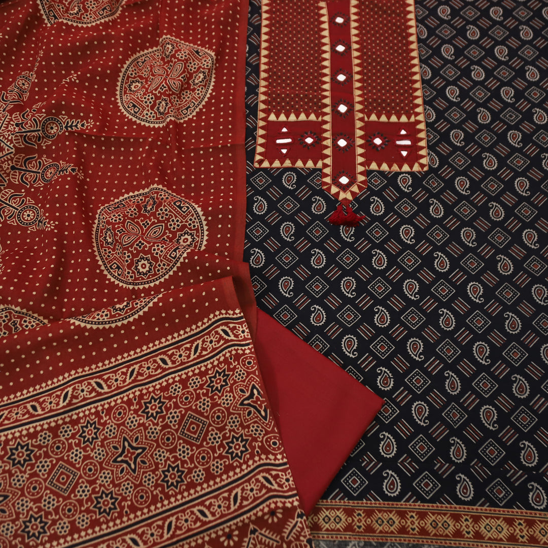 Manchali Ebony Black with Red Kutch Patch and Mirror in Print Cotton Suit Set