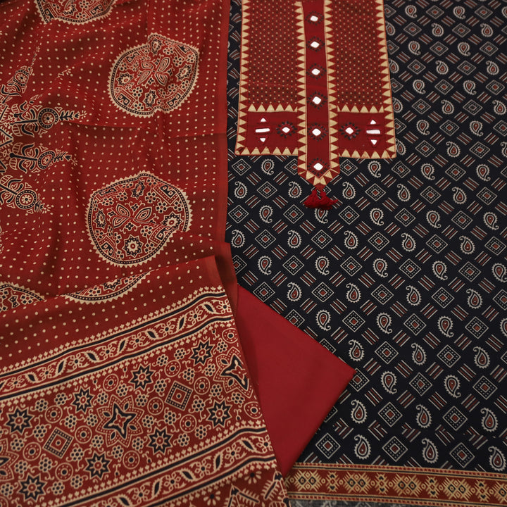 Manchali Ebony Black with Red Kutch Patch and Mirror in Print Cotton Suit Set