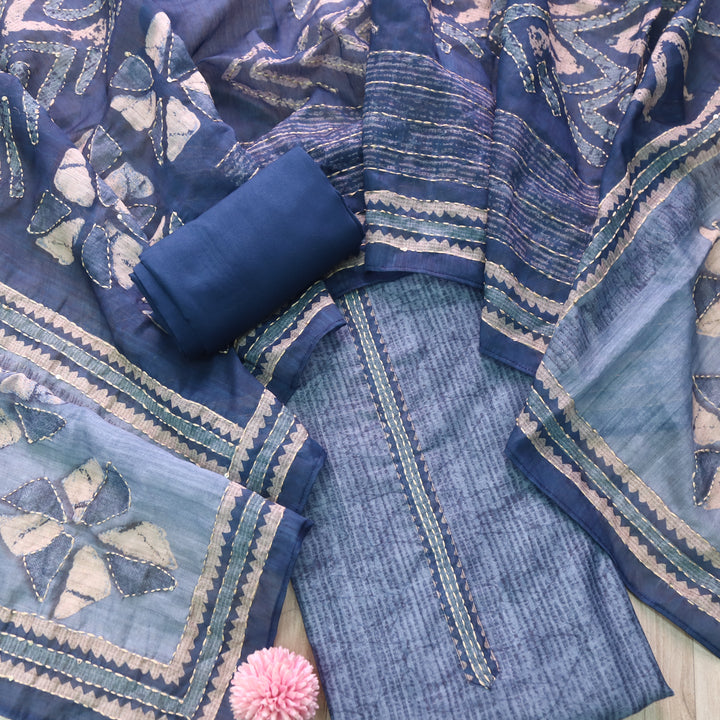 Rukmani Prussian Blue Kantha Embroidery Chanderi Suit Set