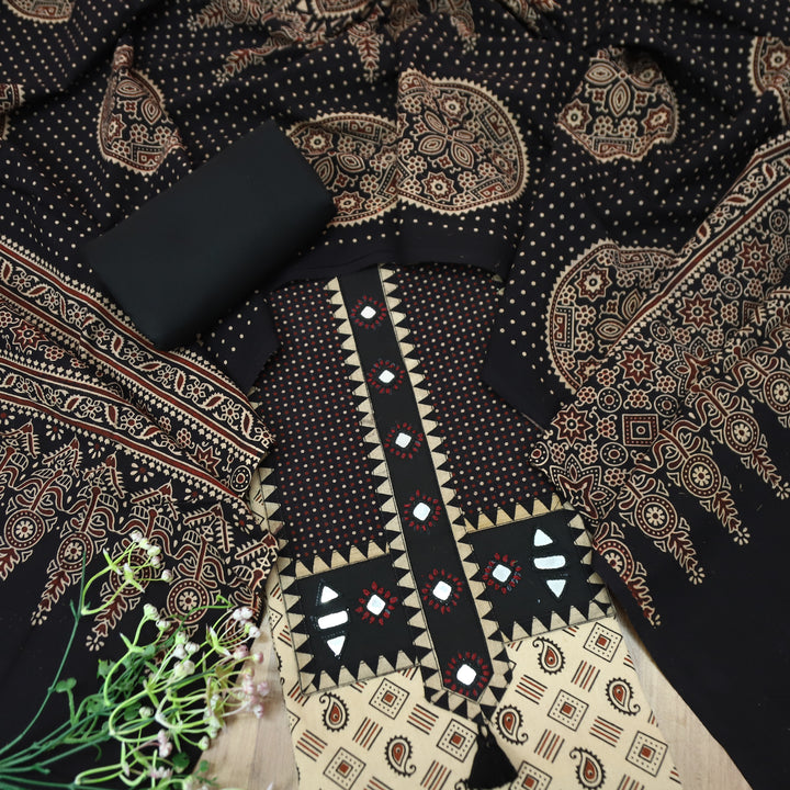 Manchali Ivory Beige with Black Kutch Patch and Mirror in Print Cotton Suit Set