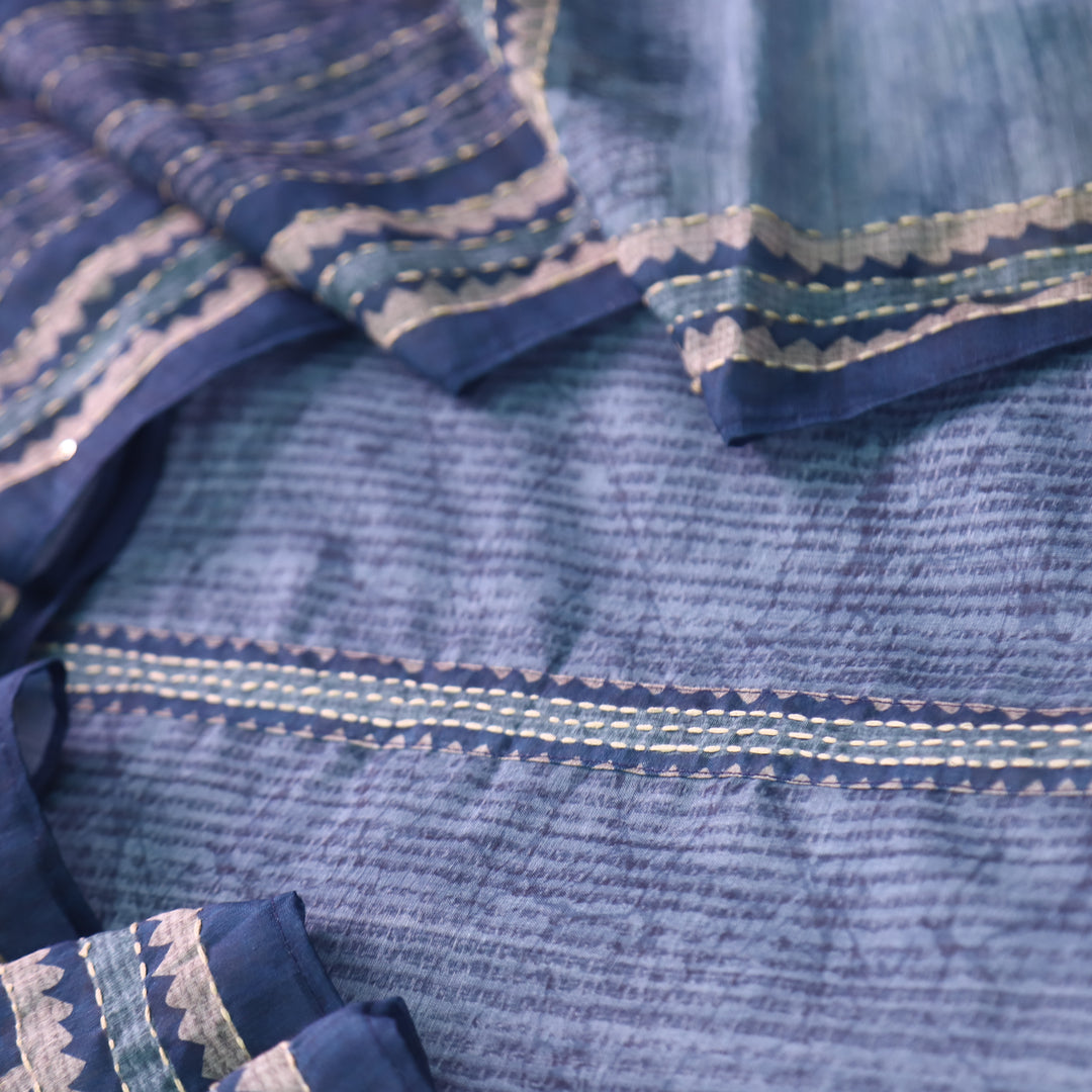 Rukmani Prussian Blue Kantha Embroidery Chanderi Suit Set