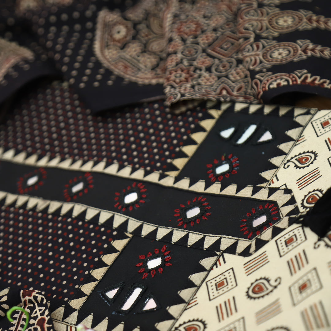 Manchali Ivory Beige with Black Kutch Patch and Mirror in Print Cotton Suit Set