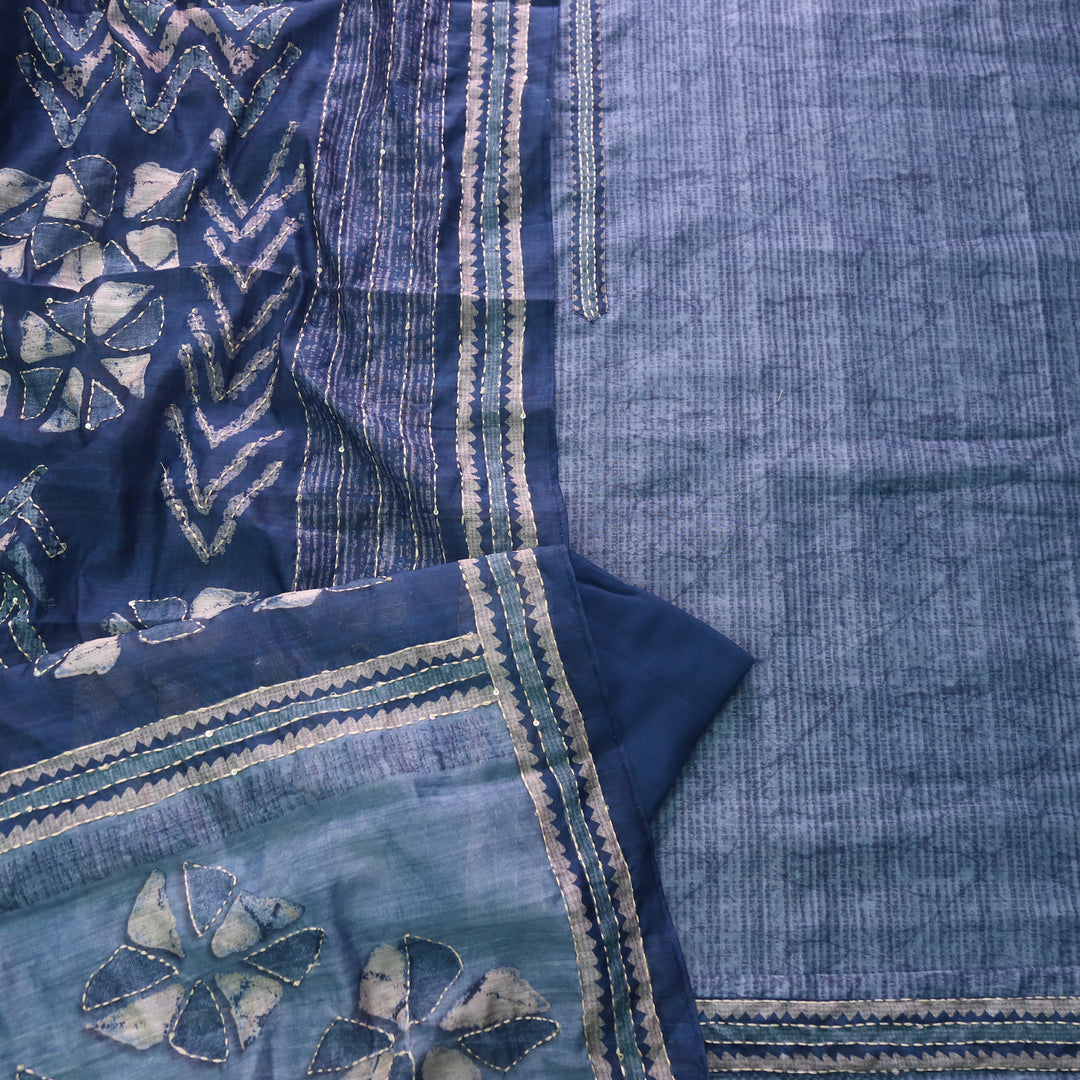 Rukmani Prussian Blue Kantha Embroidery Chanderi Suit Set