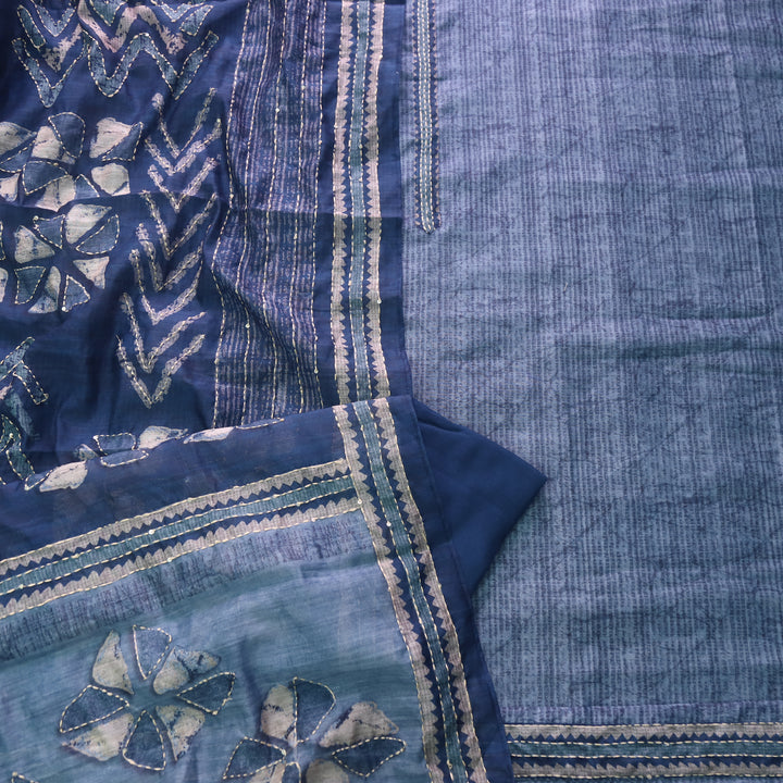 Rukmani Prussian Blue Kantha Embroidery Chanderi Suit Set