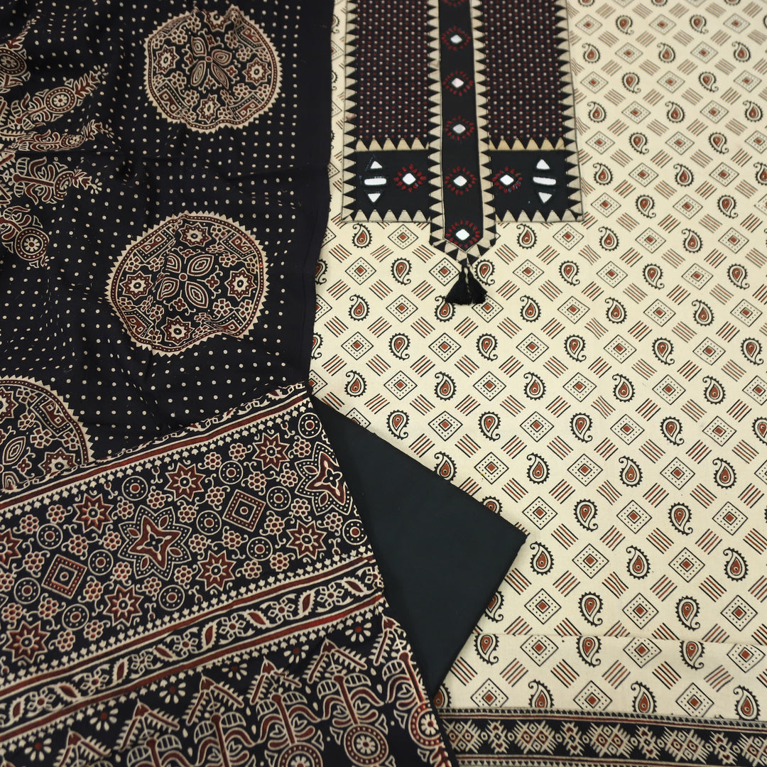 Manchali Ivory Beige with Black Kutch Patch and Mirror in Print Cotton Suit Set
