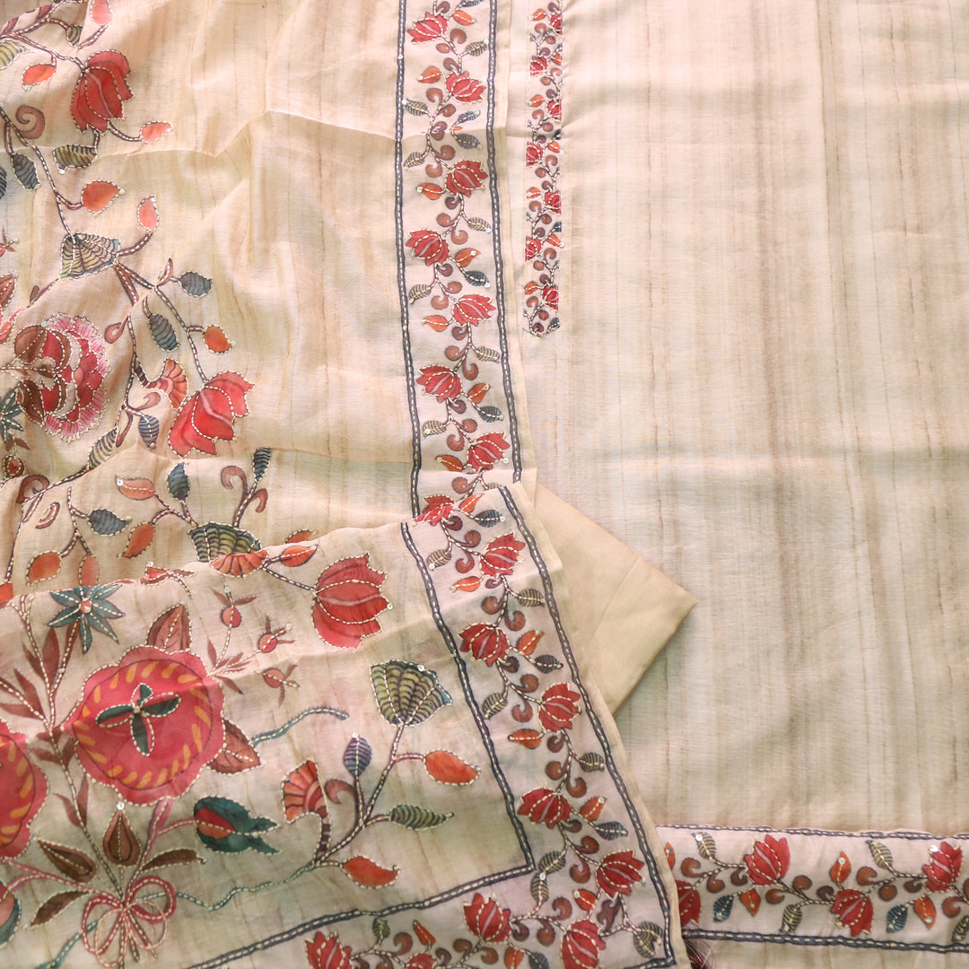 Rukmani Ivory Beige Kantha Embroidery Chanderi Suit Set