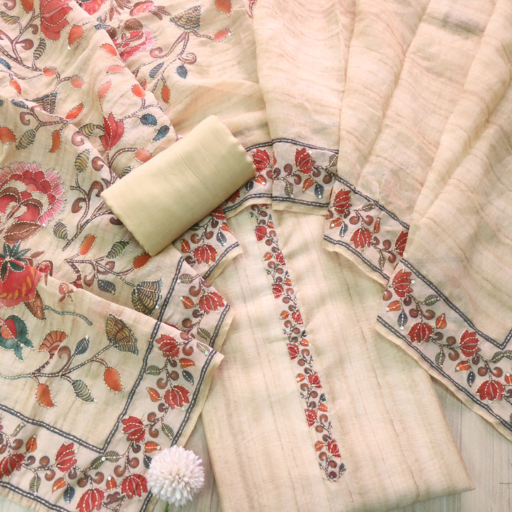 Rukmani Ivory Beige Kantha Embroidery Chanderi Suit Set