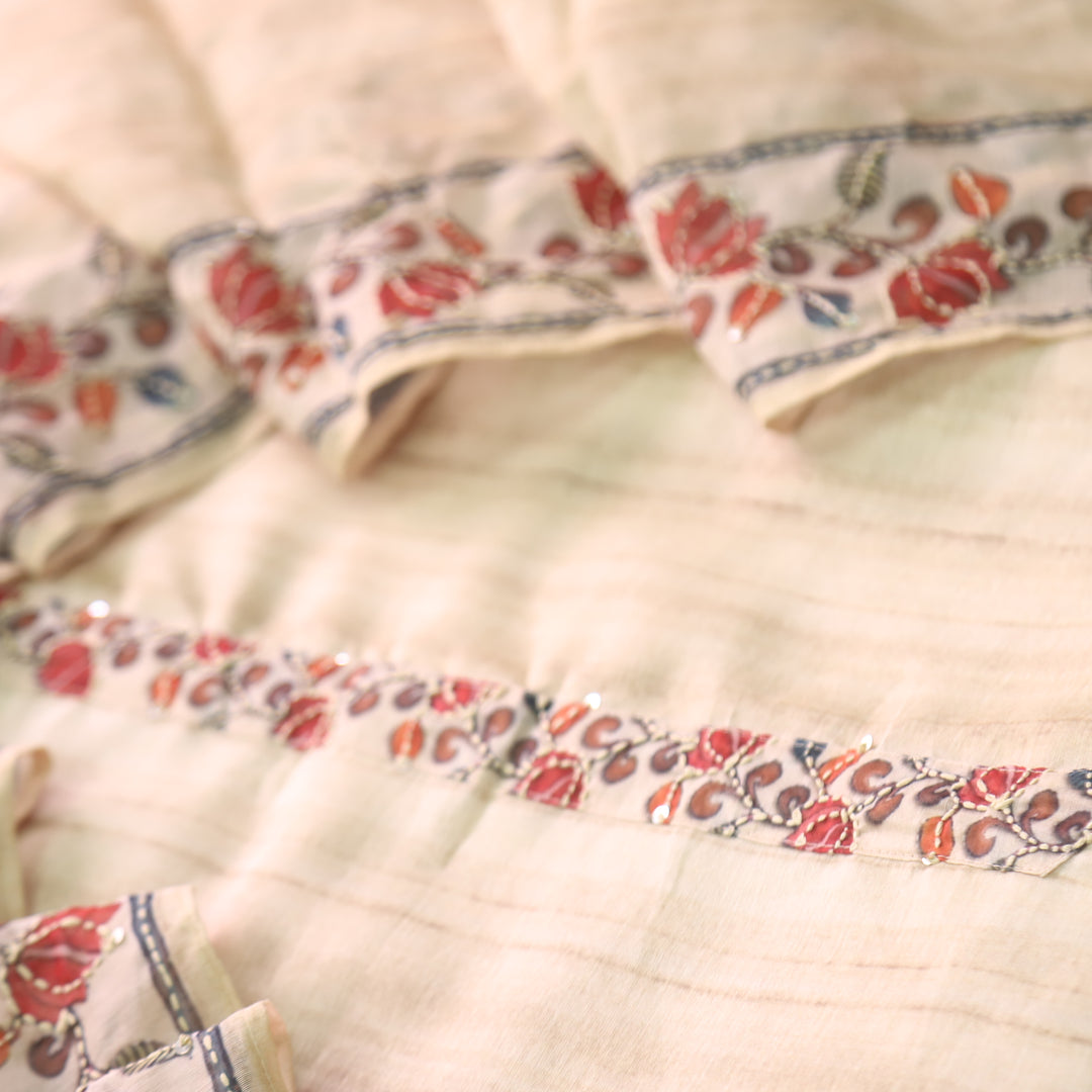 Rukmani Ivory Beige Kantha Embroidery Chanderi Suit Set