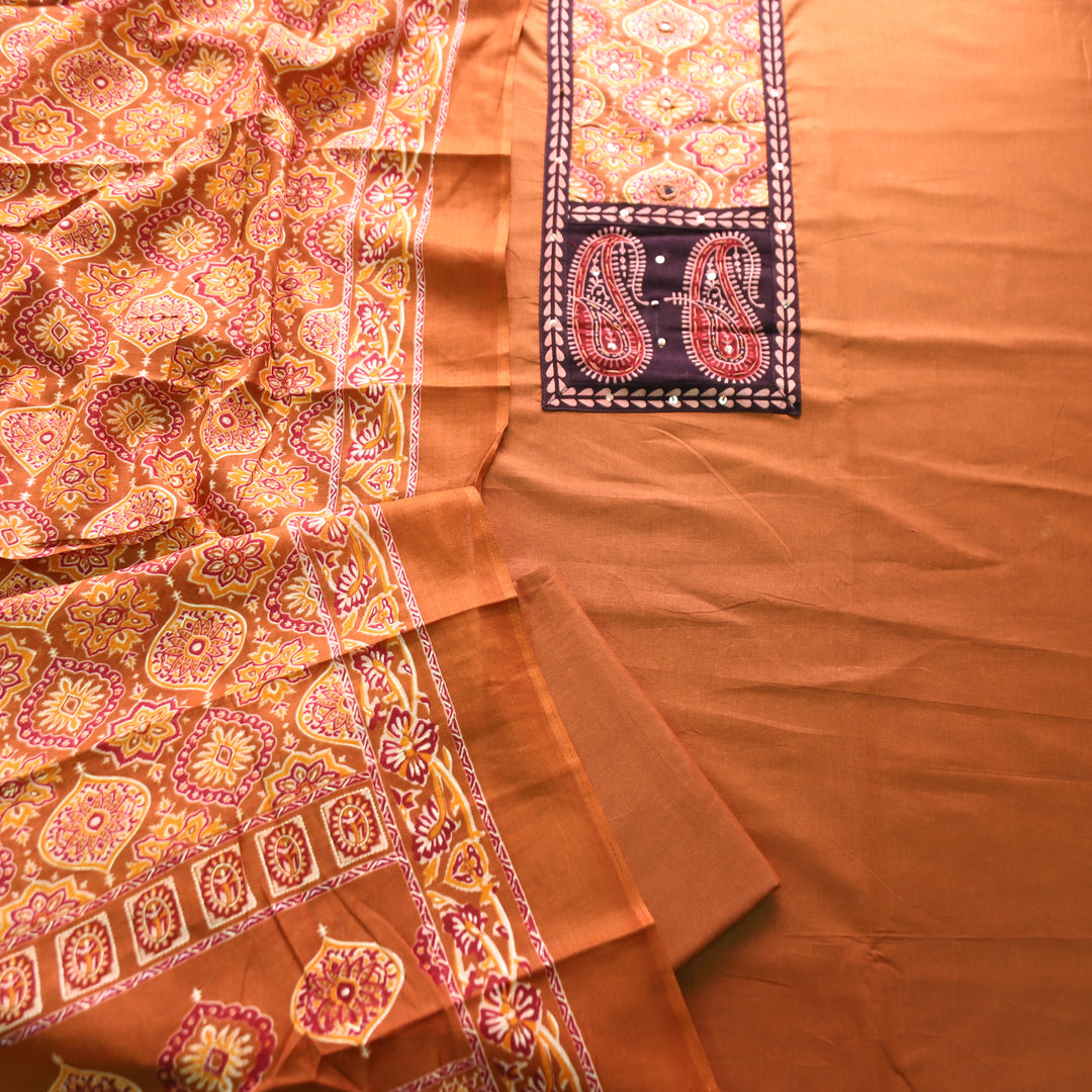 Adina Burnt Orange Ajrak Yoke with Mirror Cotton Set