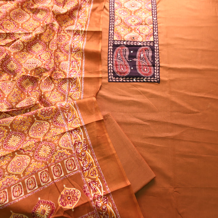 Adina Burnt Orange Ajrak Yoke with Mirror Cotton Set
