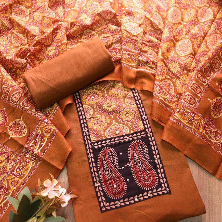 Adina Burnt Orange Ajrak Yoke with Mirror Cotton Set