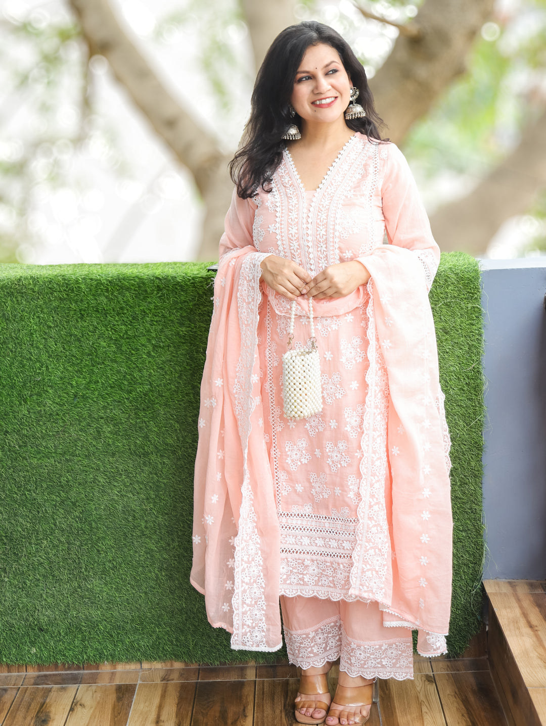 Pastel Peach Embroidered Mul Cotton 3 Piece Set