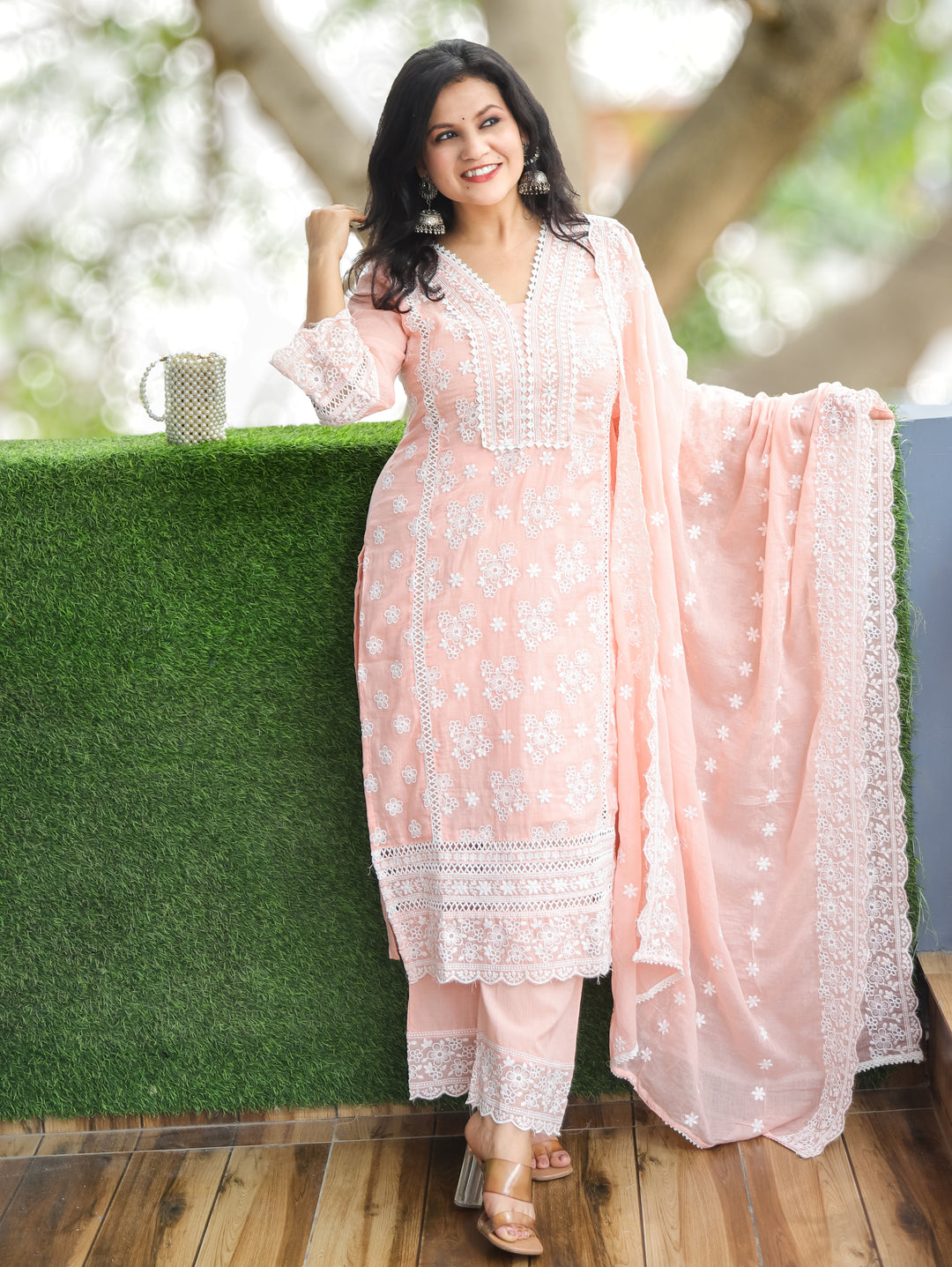 Pastel Peach Embroidered Mul Cotton 3 Piece Set
