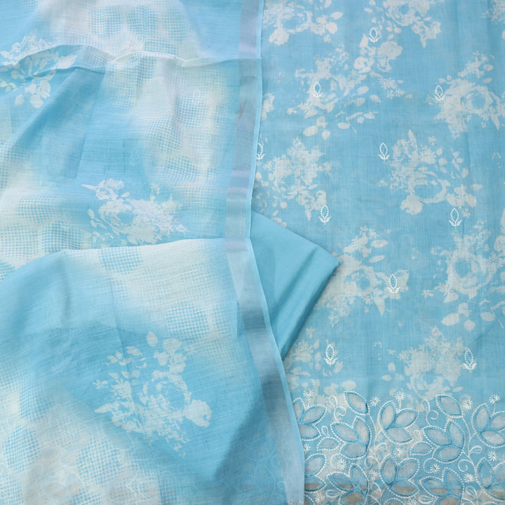 Rimjhim Sky Blue Digital Printed Cut Work Hem Cotton Linen Suit Set