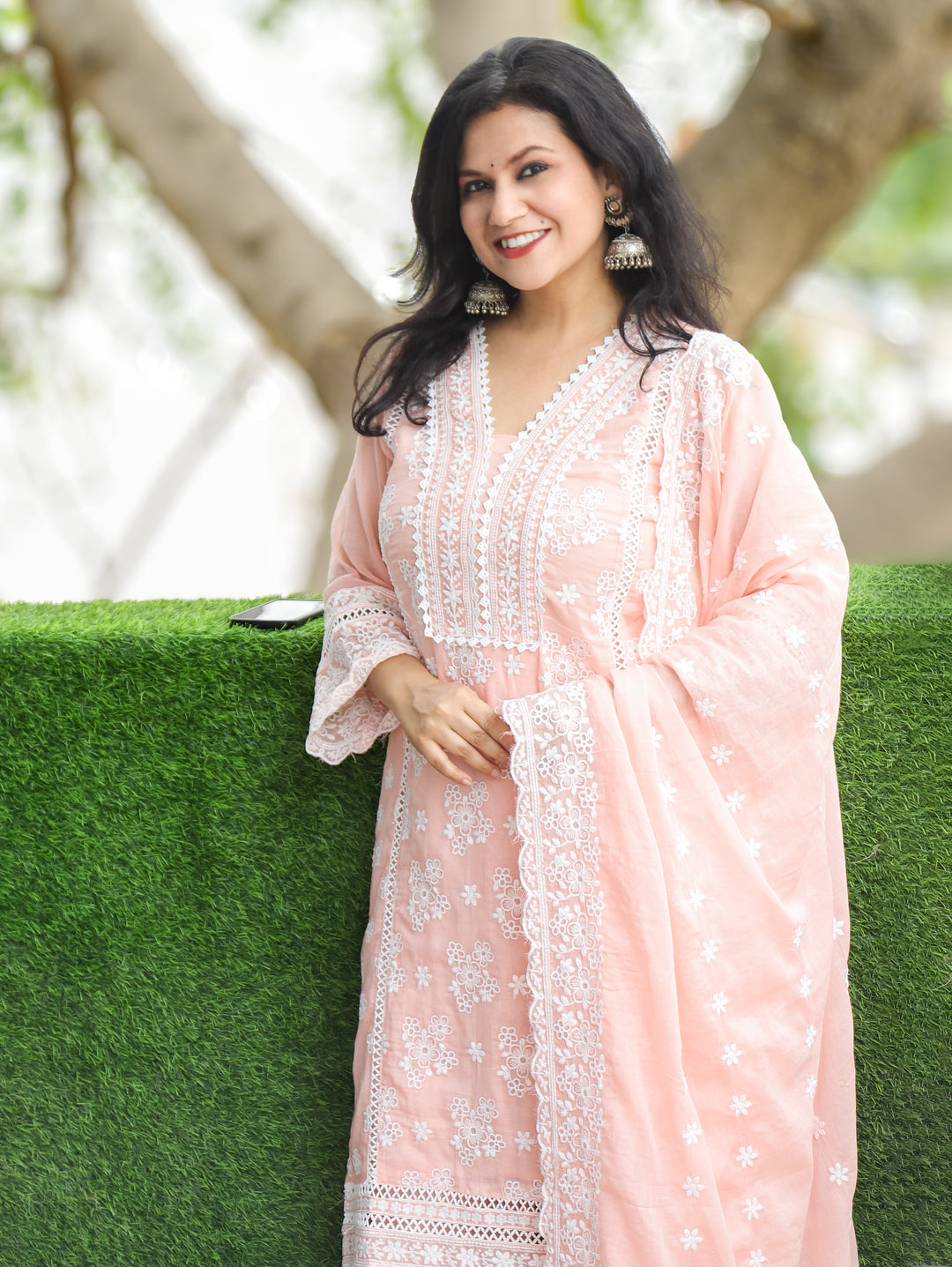 Pastel Peach Embroidered Mul Cotton 3 Piece Set