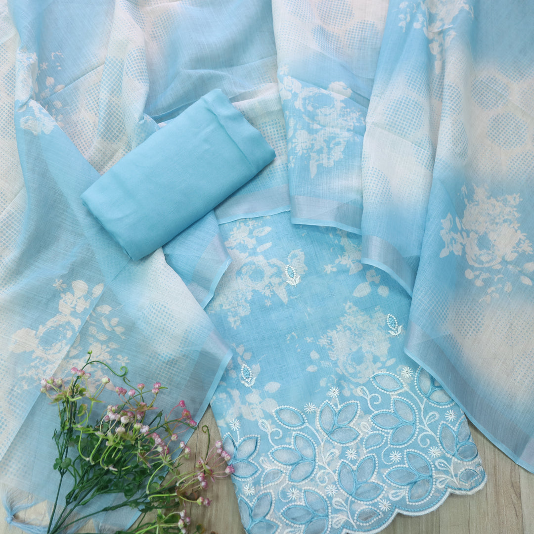 Rimjhim Sky Blue Digital Printed Cut Work Hem Cotton Linen Suit Set