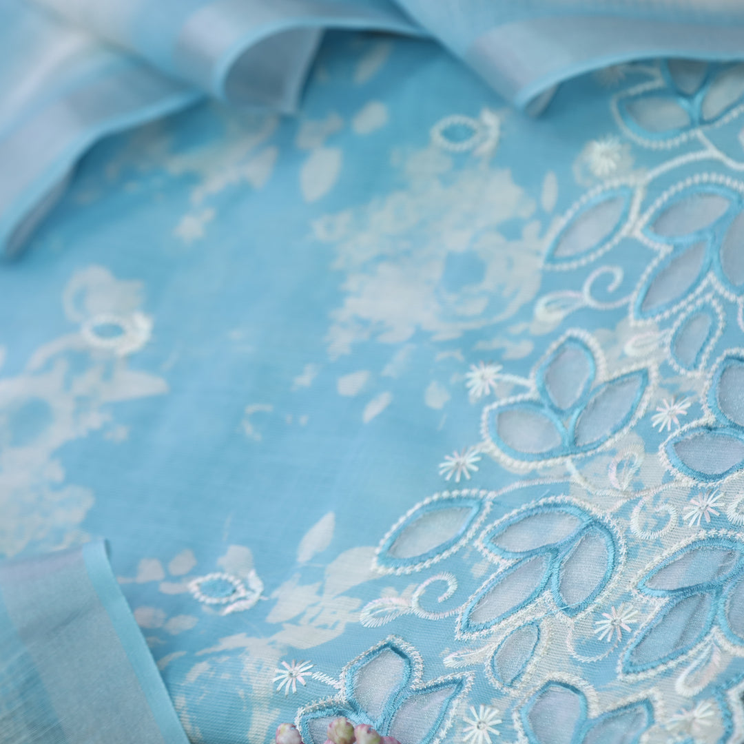 Rimjhim Sky Blue Digital Printed Cut Work Hem Cotton Linen Suit Set