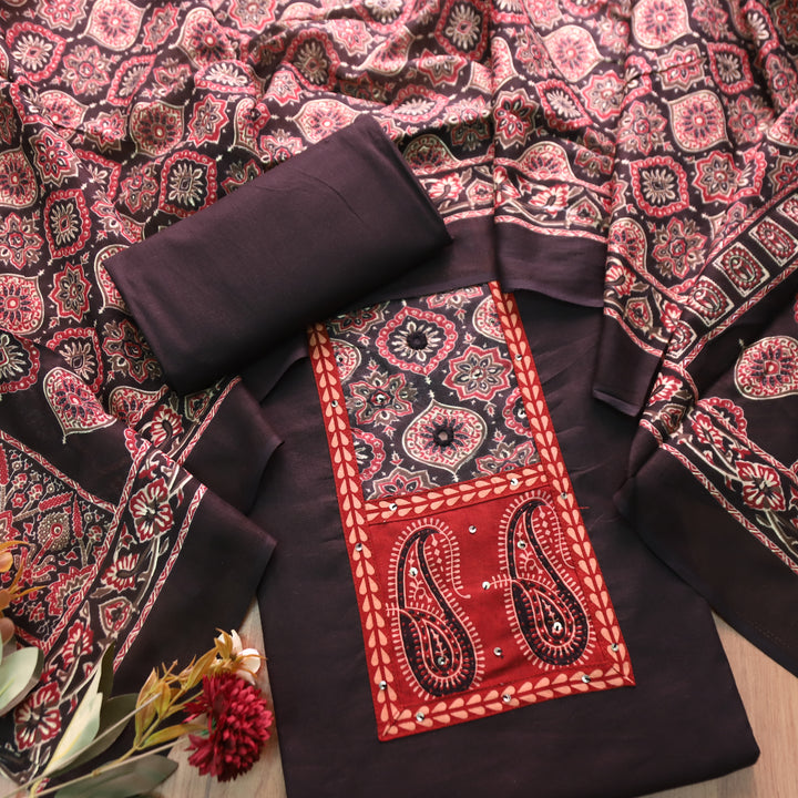 Adina Ebony Black Ajrak Yoke with Mirror Cotton Set