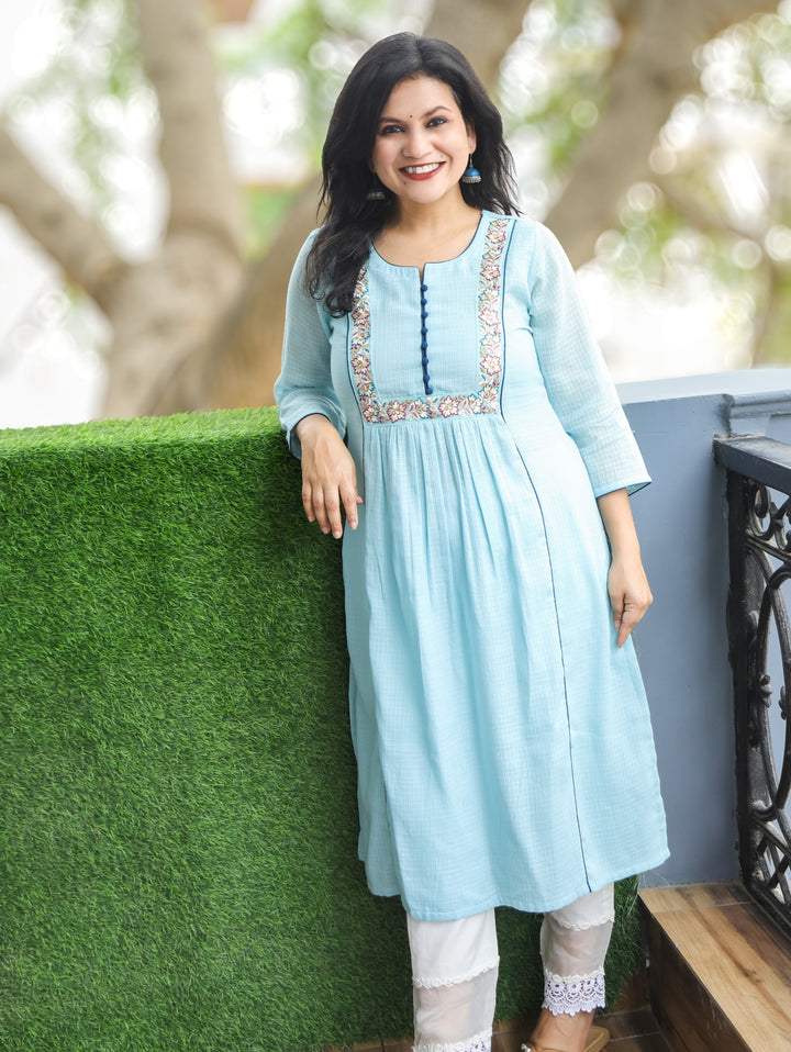 Emily Powder Blue Embroidered Kota Doriya Kurti
