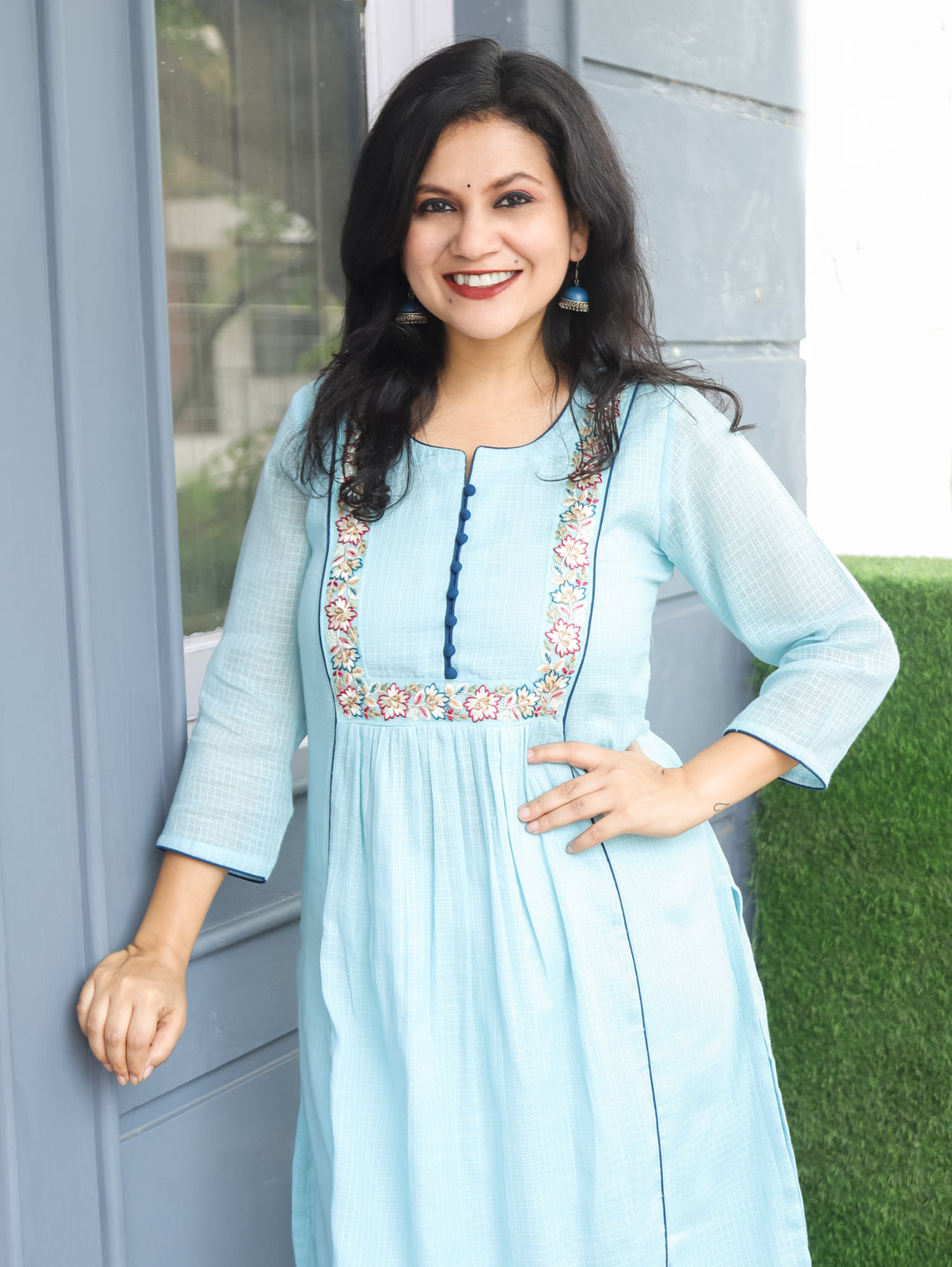 Emily Powder Blue Embroidered Kota Doriya Kurti