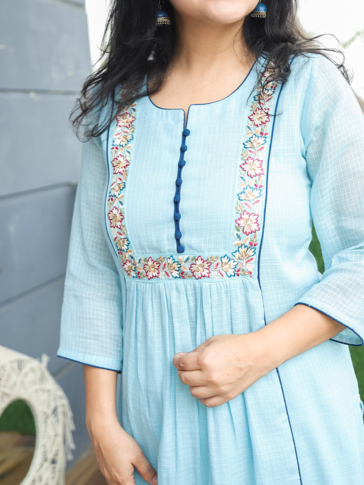 Emily Powder Blue Embroidered Kota Doriya Kurti