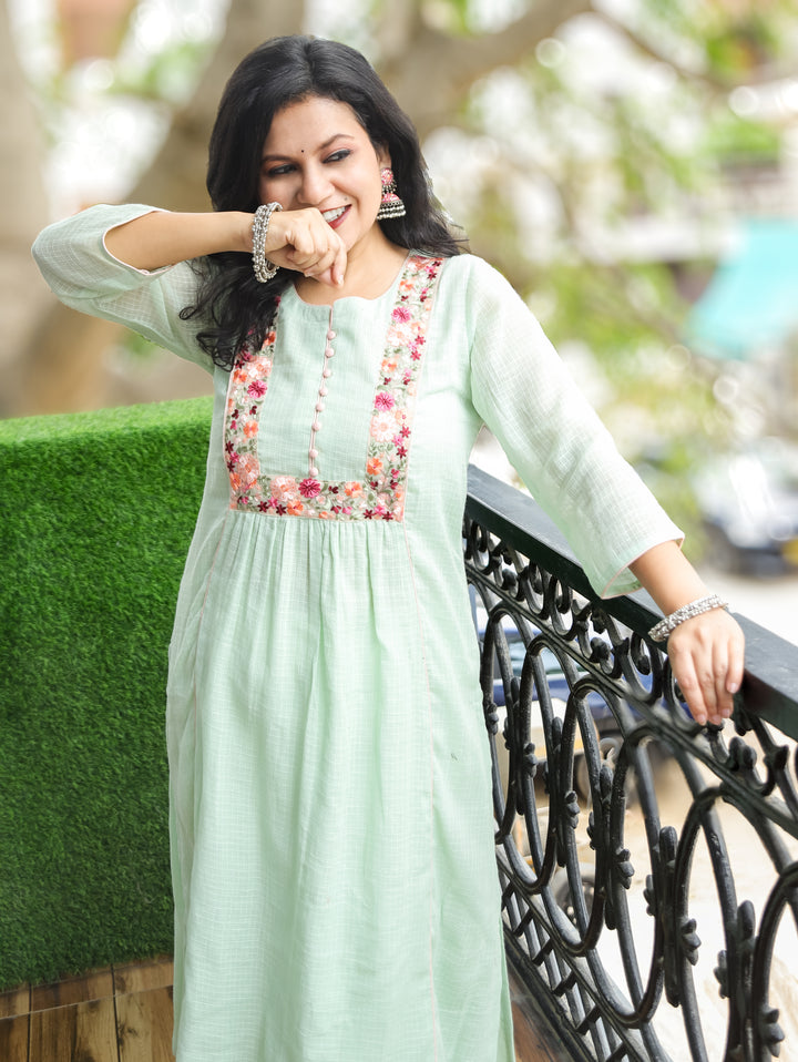 Emily Mint Green Embroidered Kota Doriya Kurti