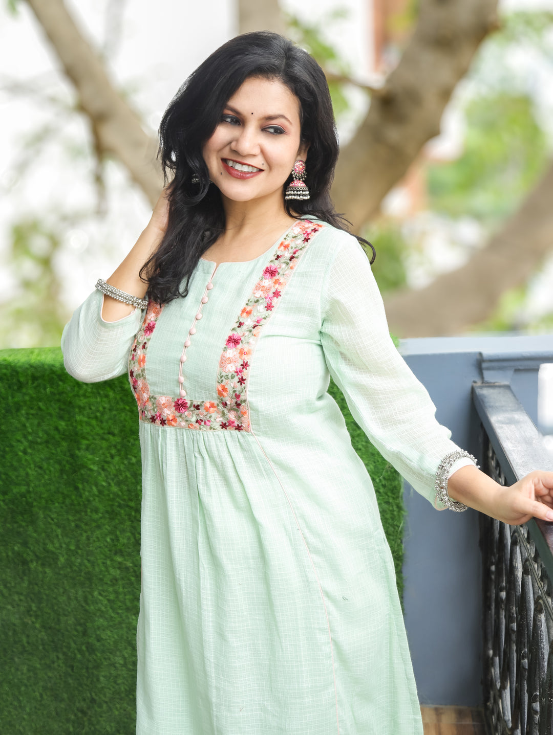 Emily Mint Green Embroidered Kota Doriya Kurti