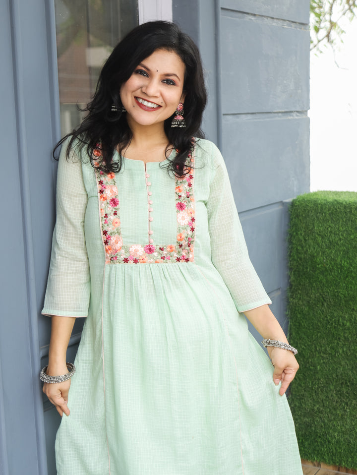 Emily Mint Green Embroidered Kota Doriya Kurti