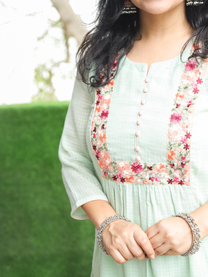 Emily Mint Green Embroidered Kota Doriya Kurti